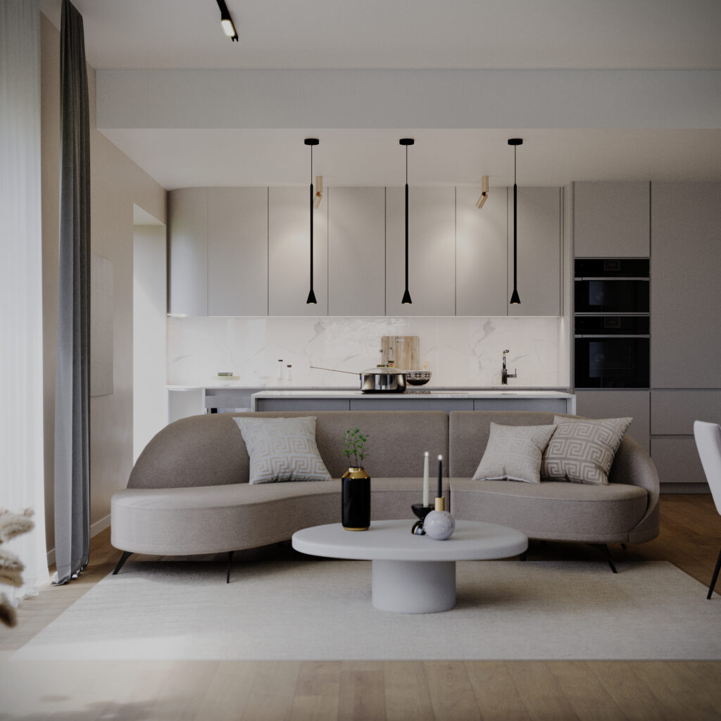 Un living cu bucătărie open space într-un apartament de lux, cu un design eclectic și contemporan, tonuri întunecate și finisaje premium care creează un spațiu primitor și elegant. Lumina naturală intră prin ferestrele mari, iluminând o zonă de lounge confortabilă cu o canapea mare și o masă de cafea din lemn. Bucătăria este modernă și elegantă, cu electrocasnice din oțel inoxidabil, blaturi din granit și dulapuri din lemn întunecat. Pereții sunt decorați cu opere de artă eclectice și fotografii încadrate, iar podeaua este din lemn de culoare închisă. Designul general este sofisticat și elegant, cu un amestec de texturi și modele care creează un spațiu unic și personalizat.